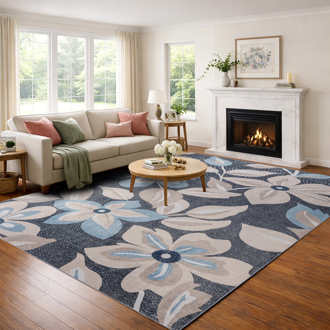 YUIlili Boho Floral Area Rug Charcoal Blue Beige Soft Low-Pile Non-Slip Machine Washable Carpet for Living Room, Bedroom, Hallway Runner Indoor Rugs #AZJL15