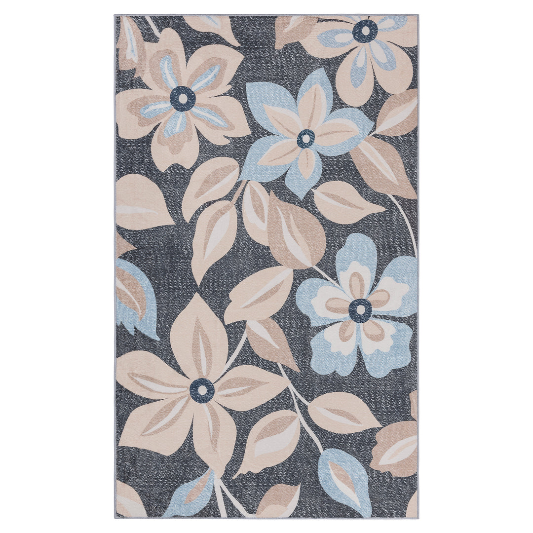 YUIlili Boho Floral Area Rug Charcoal Blue Beige Soft Low-Pile Non-Slip Machine Washable Carpet for Living Room, Bedroom, Hallway Runner Indoor Rugs #AZJL15