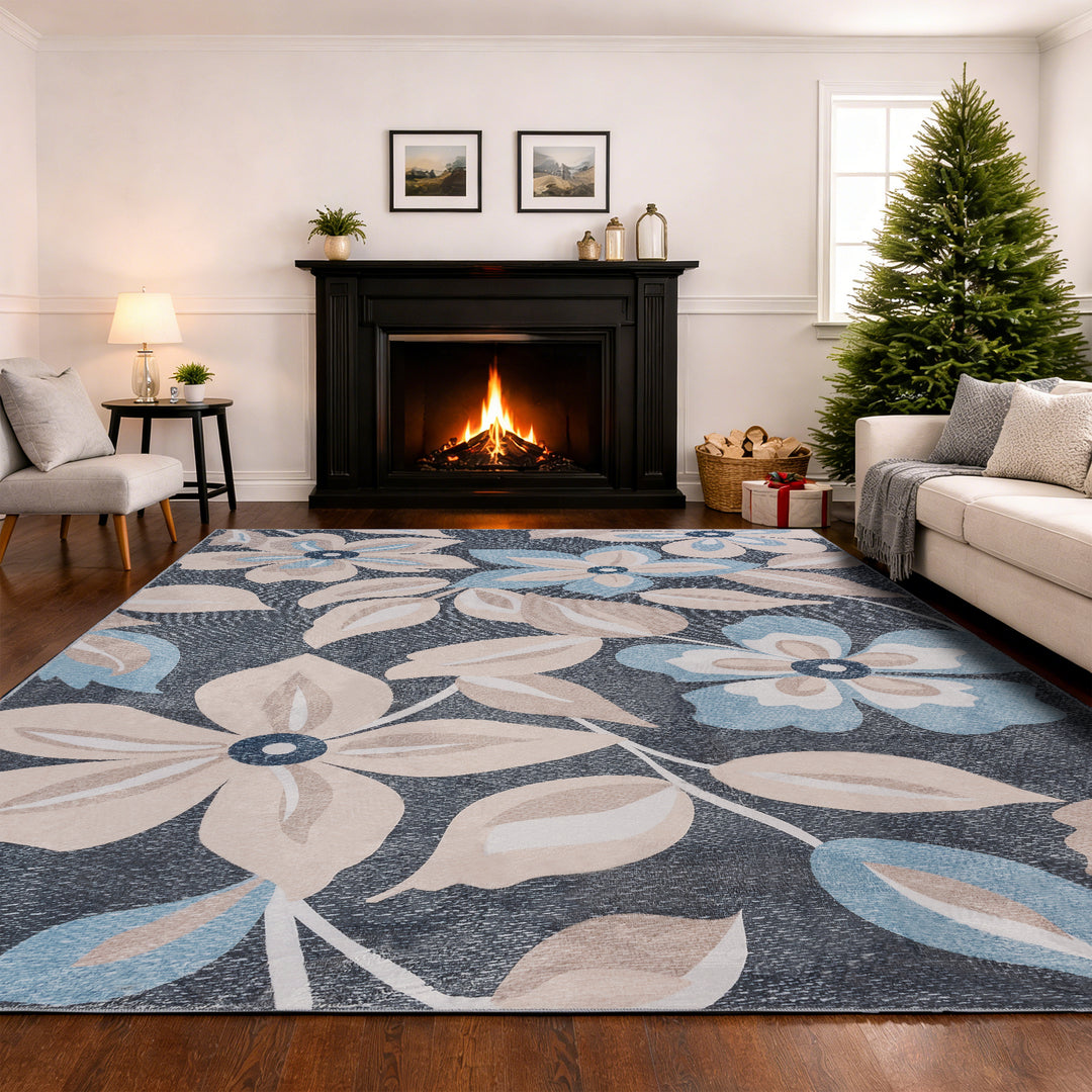 YUIlili Boho Floral Area Rug Charcoal Blue Beige Soft Low-Pile Non-Slip Machine Washable Carpet for Living Room, Bedroom, Hallway Runner Indoor Rugs #AZJL15