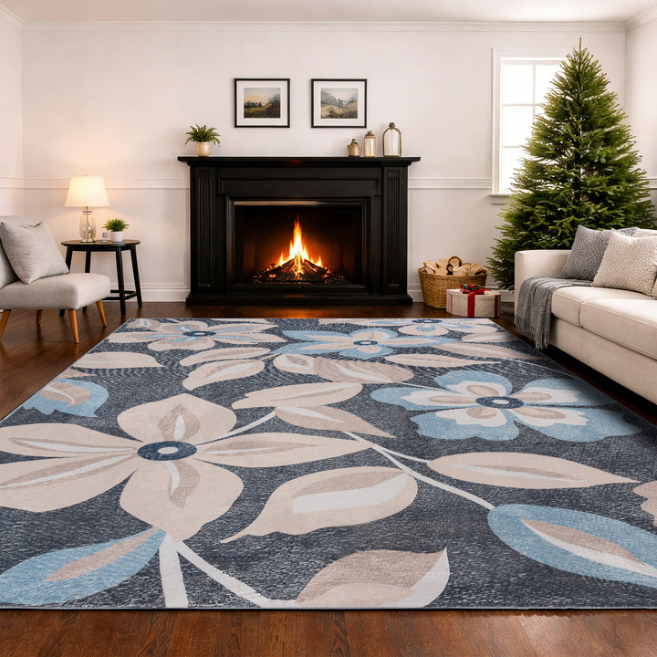 YUIlili Boho Floral Area Rug Charcoal Blue Beige Soft Low-Pile Non-Slip Machine Washable Carpet for Living Room, Bedroom, Hallway Runner Indoor Rugs #AZJL15