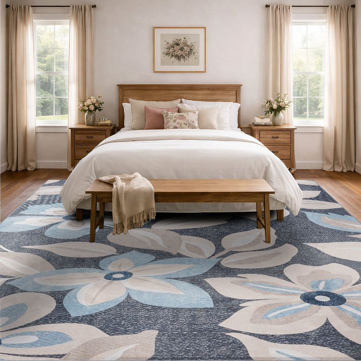 YUIlili Boho Floral Area Rug Charcoal Blue Beige Soft Low-Pile Non-Slip Machine Washable Carpet for Living Room, Bedroom, Hallway Runner Indoor Rugs #AZJL15