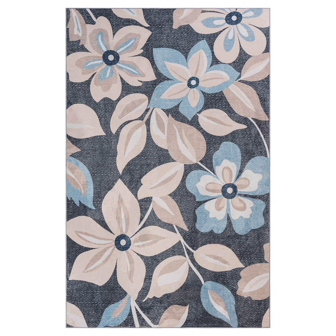 YUIlili Boho Floral Area Rug Charcoal Blue Beige Soft Low-Pile Non-Slip Machine Washable Carpet for Living Room, Bedroom, Hallway Runner Indoor Rugs #AZJL15