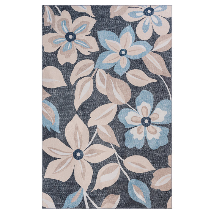 YUIlili Boho Floral Area Rug Charcoal Blue Beige Soft Low-Pile Non-Slip Machine Washable Carpet for Living Room, Bedroom, Hallway Runner Indoor Rugs #AZJL15