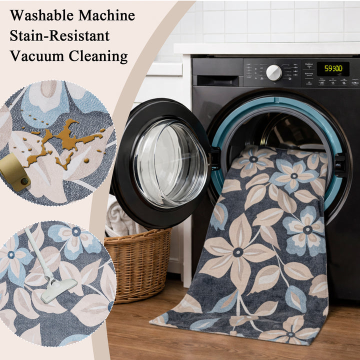 YUIlili Boho Floral Area Rug Charcoal Blue Beige Soft Low-Pile Non-Slip Machine Washable Carpet for Living Room, Bedroom, Hallway Runner Indoor Rugs #AZJL15