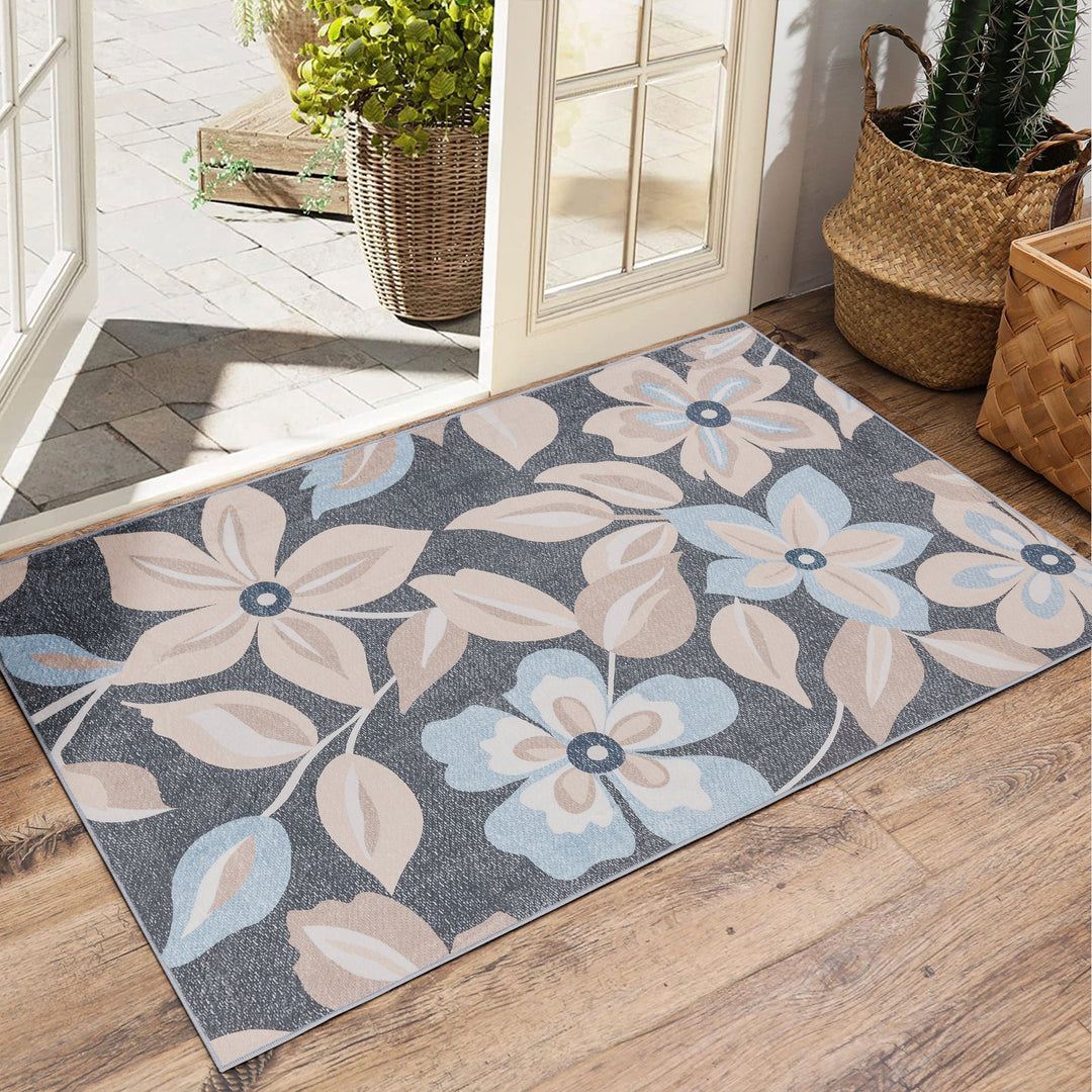 YUIlili Boho Floral Area Rug Charcoal Blue Beige Soft Low-Pile Non-Slip Machine Washable Carpet for Living Room, Bedroom, Hallway Runner Indoor Rugs #AZJL15