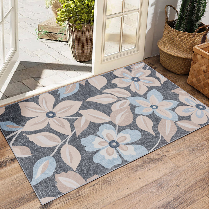 YUIlili Boho Floral Area Rug Charcoal Blue Beige Soft Low-Pile Non-Slip Machine Washable Carpet for Living Room, Bedroom, Hallway Runner Indoor Rugs #AZJL15