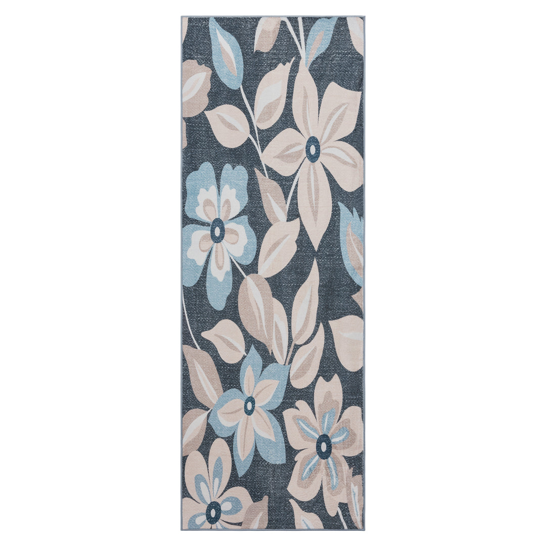 YUIlili Boho Floral Area Rug Charcoal Blue Beige Soft Low-Pile Non-Slip Machine Washable Carpet for Living Room, Bedroom, Hallway Runner Indoor Rugs #AZJL15
