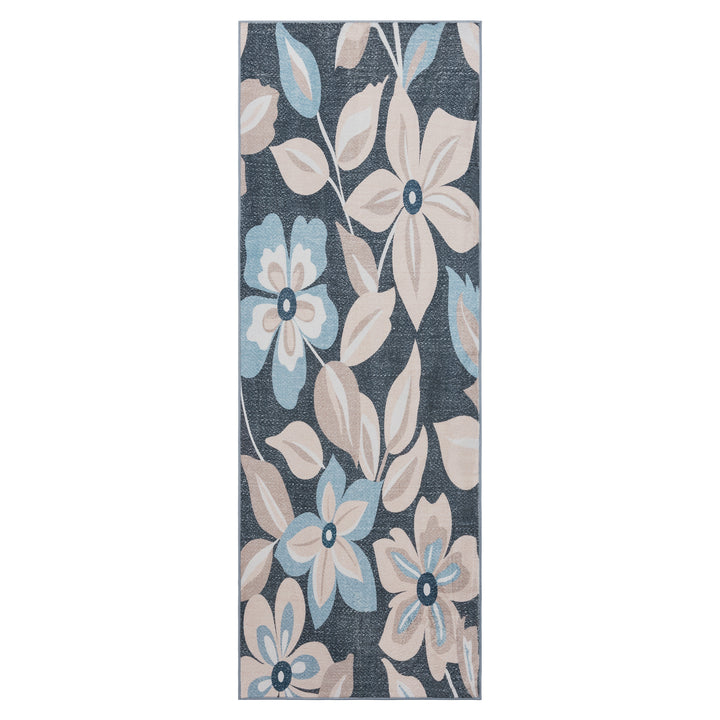 YUIlili Boho Floral Area Rug Charcoal Blue Beige Soft Low-Pile Non-Slip Machine Washable Carpet for Living Room, Bedroom, Hallway Runner Indoor Rugs #AZJL15