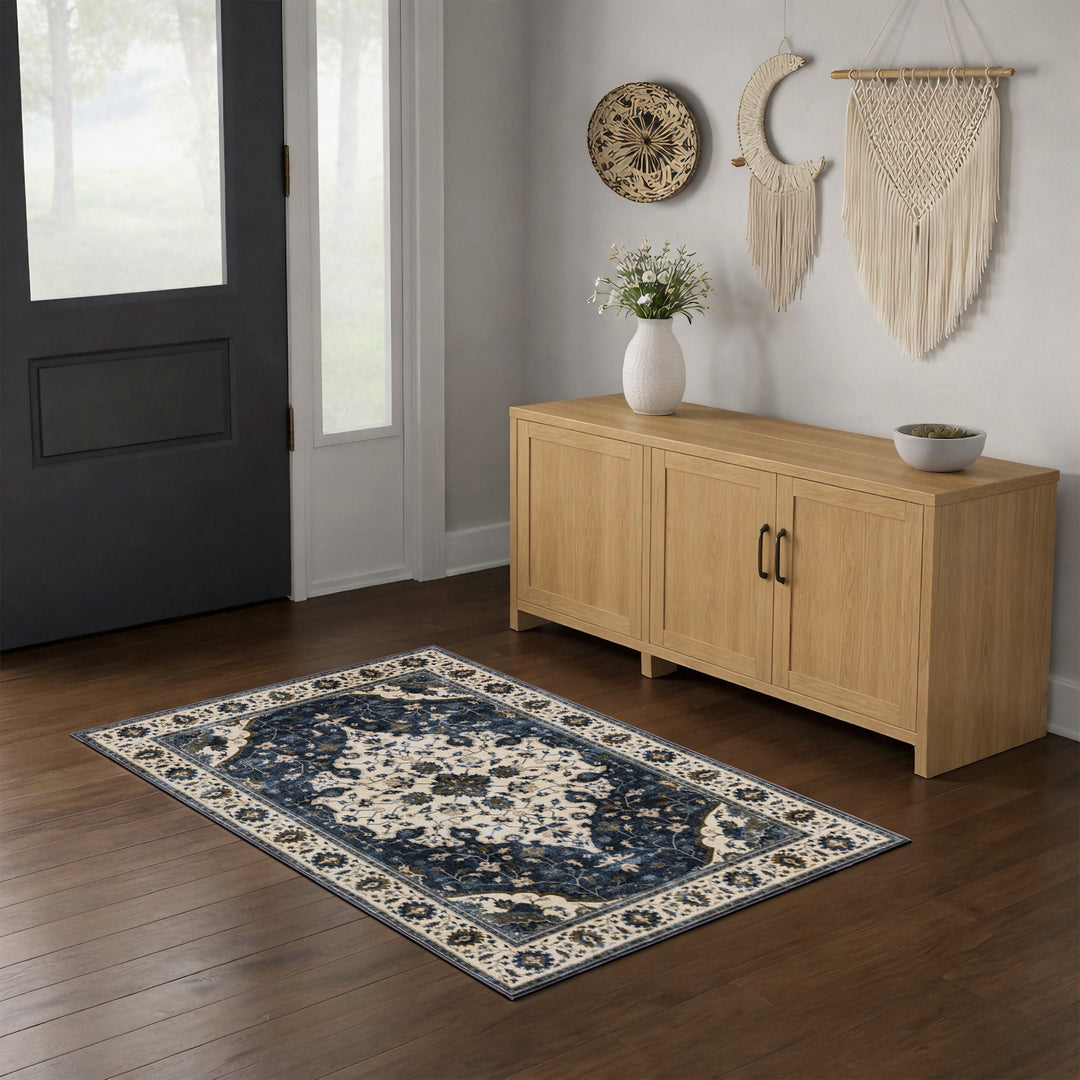 YUIlili Vintage Oriental Area Rug Navy Blue Beige Gold Soft Non-Slip Machine Washable Carpet for Living Room, Bedroom, Hallway Runner Indoor Rugs #AZJL160