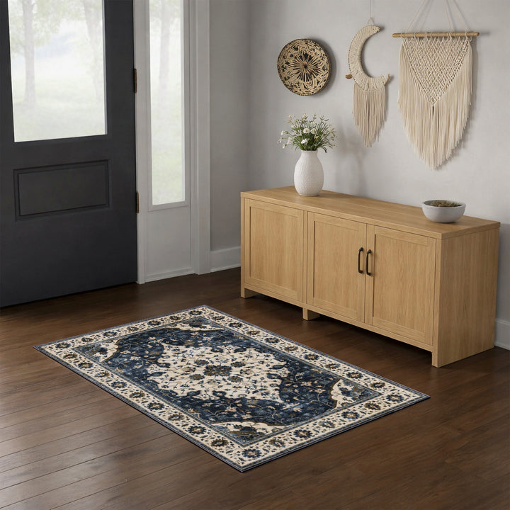 YUIlili Vintage Oriental Area Rug Navy Blue Beige Gold Soft Non-Slip Machine Washable Carpet for Living Room, Bedroom, Hallway Runner Indoor Rugs #AZJL160