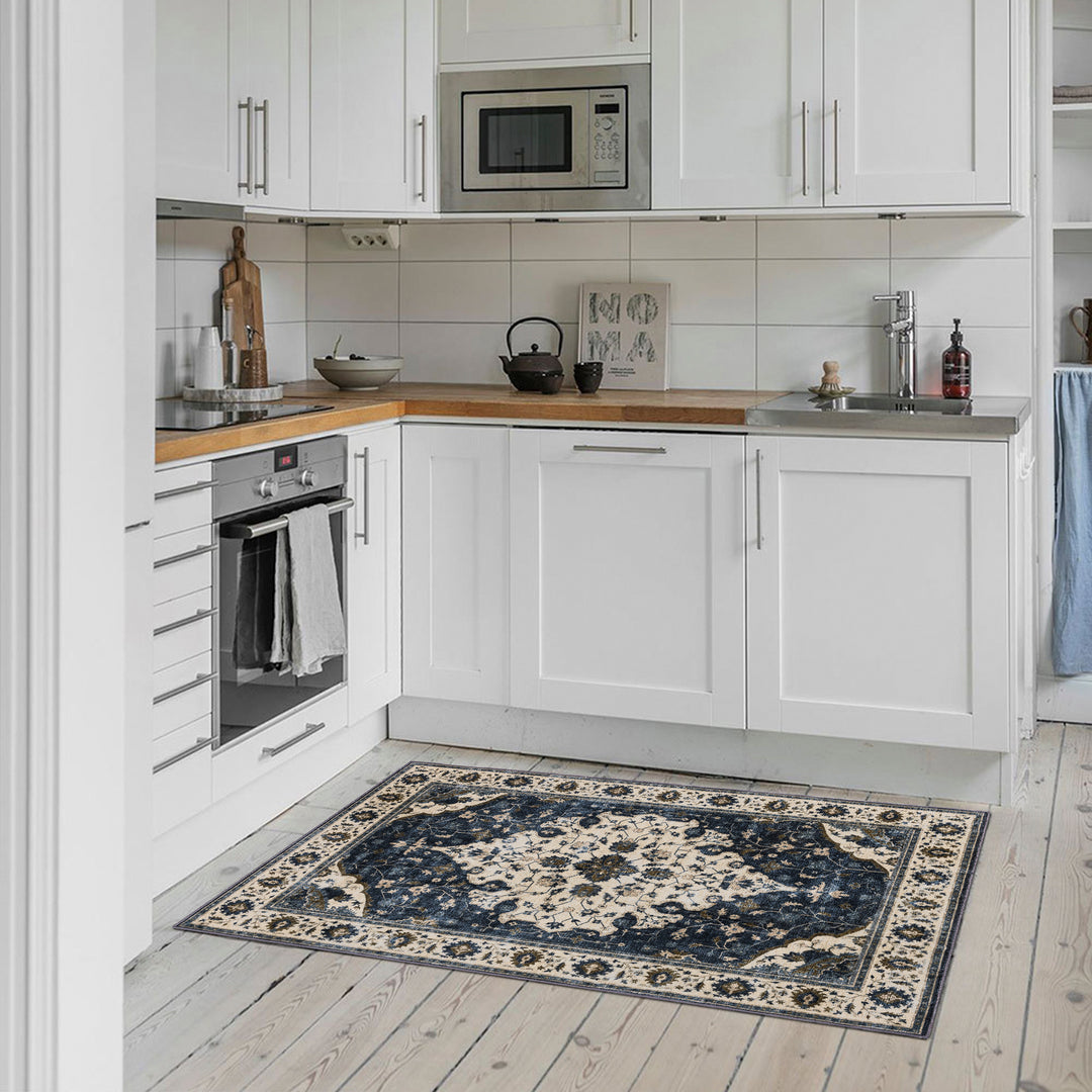 YUIlili Vintage Oriental Area Rug Navy Blue Beige Gold Soft Non-Slip Machine Washable Carpet for Living Room, Bedroom, Hallway Runner Indoor Rugs #AZJL160