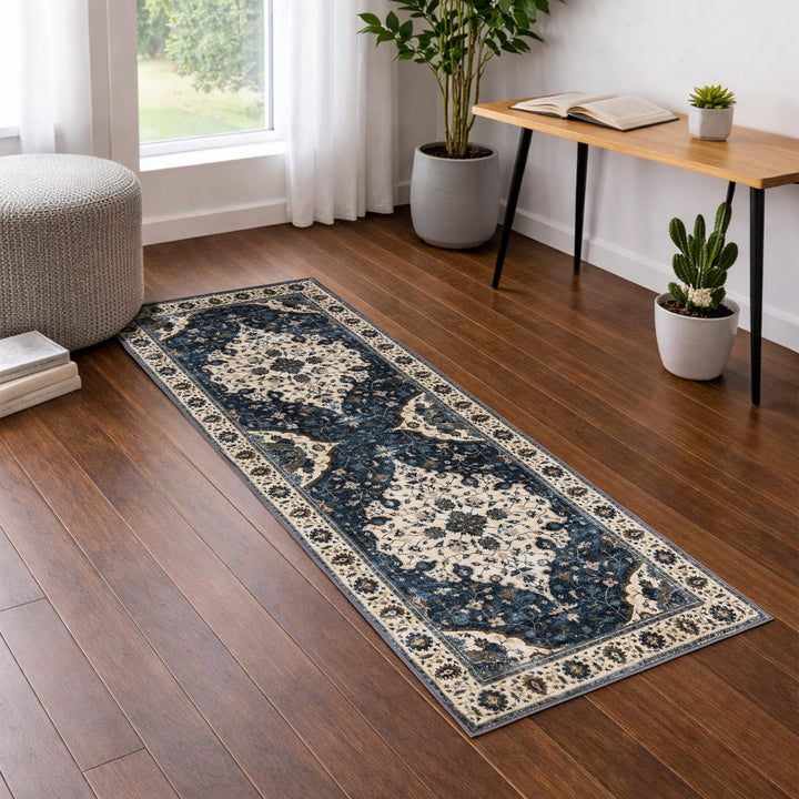 YUIlili Vintage Oriental Area Rug Navy Blue Beige Gold Soft Non-Slip Machine Washable Carpet for Living Room, Bedroom, Hallway Runner Indoor Rugs #AZJL160