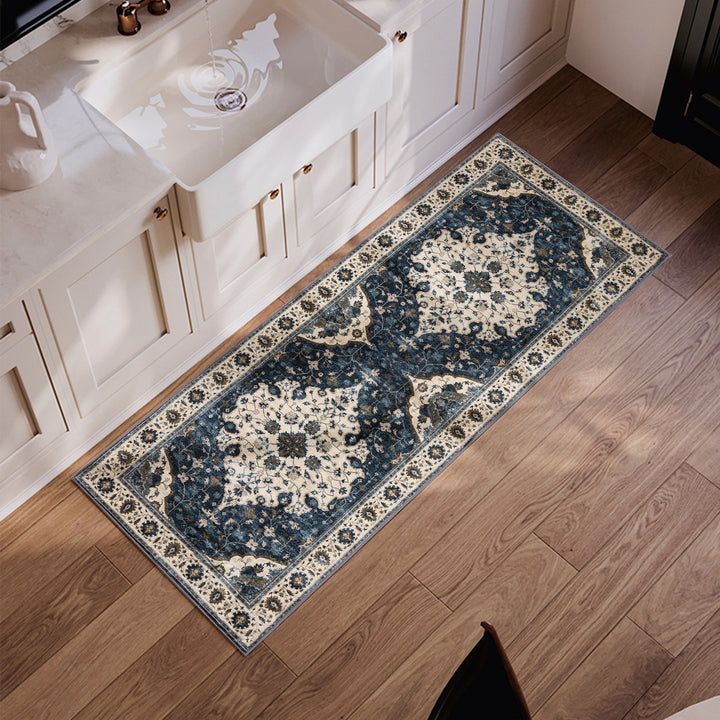 YUIlili Vintage Oriental Area Rug Navy Blue Beige Gold Soft Non-Slip Machine Washable Carpet for Living Room, Bedroom, Hallway Runner Indoor Rugs #AZJL160