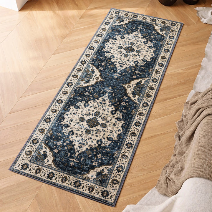 YUIlili Vintage Oriental Area Rug Navy Blue Beige Gold Soft Non-Slip Machine Washable Carpet for Living Room, Bedroom, Hallway Runner Indoor Rugs #AZJL160