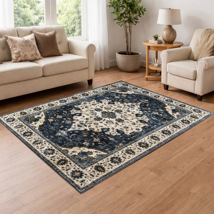 YUIlili Vintage Oriental Area Rug Navy Blue Beige Gold Soft Non-Slip Machine Washable Carpet for Living Room, Bedroom, Hallway Runner Indoor Rugs #AZJL160