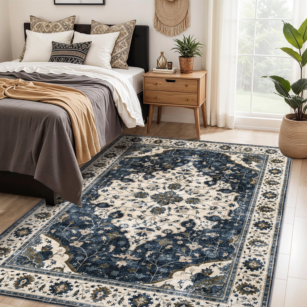 YUIlili Vintage Oriental Area Rug Navy Blue Beige Gold Soft Non-Slip Machine Washable Carpet for Living Room, Bedroom, Hallway Runner Indoor Rugs #AZJL160