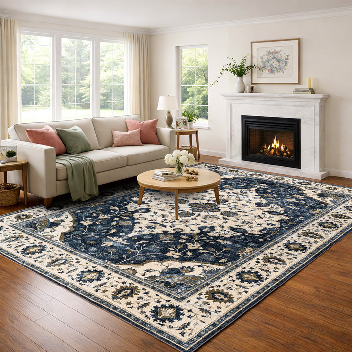 YUIlili Vintage Oriental Area Rug Navy Blue Beige Gold Soft Non-Slip Machine Washable Carpet for Living Room, Bedroom, Hallway Runner Indoor Rugs #AZJL160