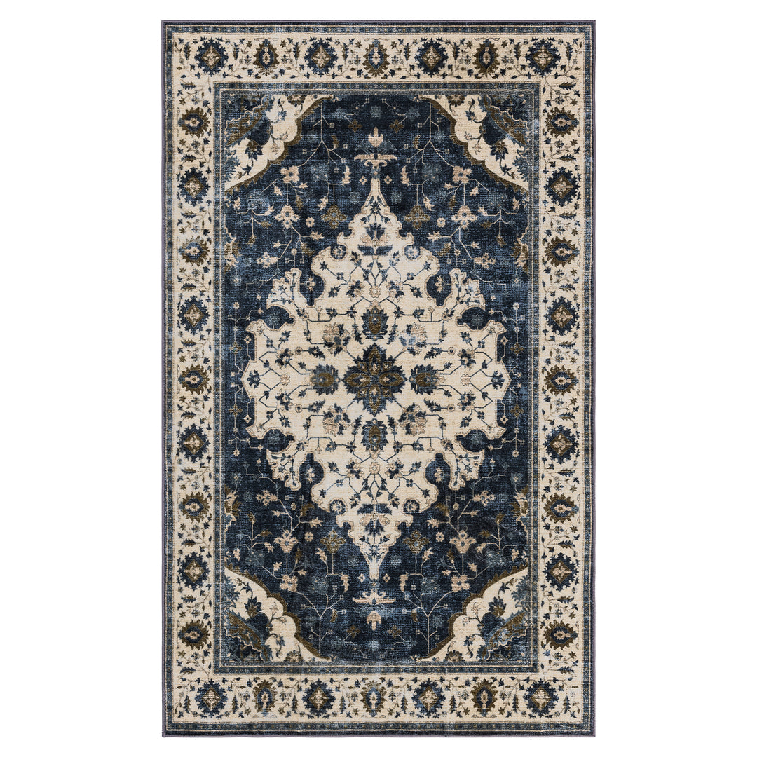 YUIlili Vintage Oriental Area Rug Navy Blue Beige Gold Soft Non-Slip Machine Washable Carpet for Living Room, Bedroom, Hallway Runner Indoor Rugs #AZJL160