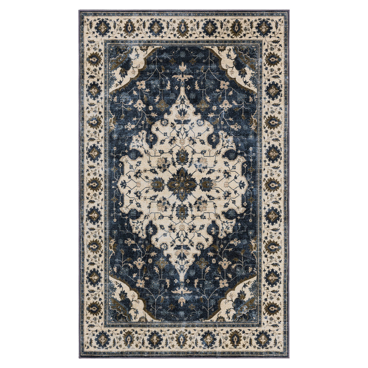 YUIlili Vintage Oriental Area Rug Navy Blue Beige Gold Soft Non-Slip Machine Washable Carpet for Living Room, Bedroom, Hallway Runner Indoor Rugs #AZJL160