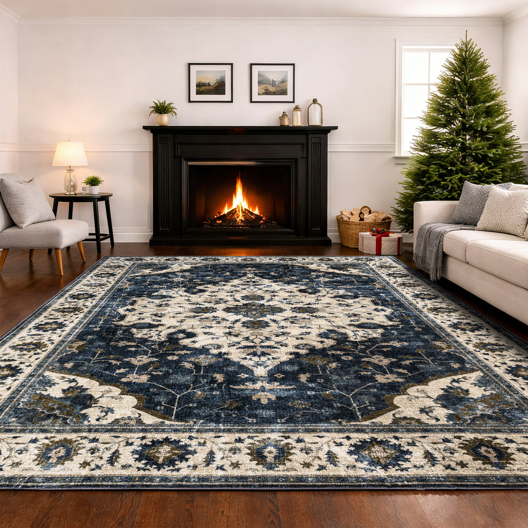 YUIlili Vintage Oriental Area Rug Navy Blue Beige Gold Soft Non-Slip Machine Washable Carpet for Living Room, Bedroom, Hallway Runner Indoor Rugs #AZJL160
