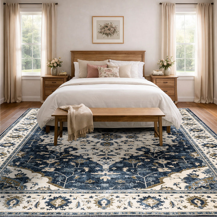 YUIlili Vintage Oriental Area Rug Navy Blue Beige Gold Soft Non-Slip Machine Washable Carpet for Living Room, Bedroom, Hallway Runner Indoor Rugs #AZJL160