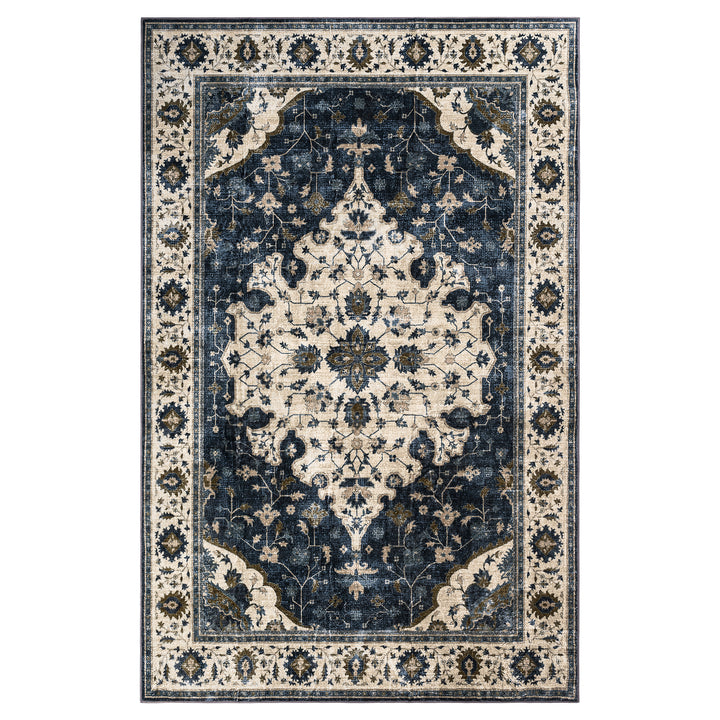 YUIlili Vintage Oriental Area Rug Navy Blue Beige Gold Soft Non-Slip Machine Washable Carpet for Living Room, Bedroom, Hallway Runner Indoor Rugs #AZJL160