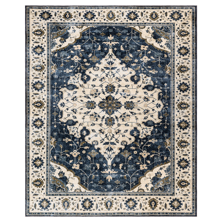 YUIlili Vintage Oriental Area Rug Navy Blue Beige Gold Soft Non-Slip Machine Washable Carpet for Living Room, Bedroom, Hallway Runner Indoor Rugs #AZJL160