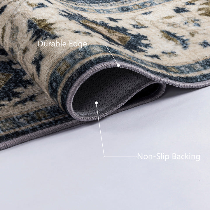 YUIlili Vintage Oriental Area Rug Navy Blue Beige Gold Soft Non-Slip Machine Washable Carpet for Living Room, Bedroom, Hallway Runner Indoor Rugs #AZJL160