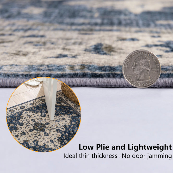 YUIlili Vintage Oriental Area Rug Navy Blue Beige Gold Soft Non-Slip Machine Washable Carpet for Living Room, Bedroom, Hallway Runner Indoor Rugs #AZJL160
