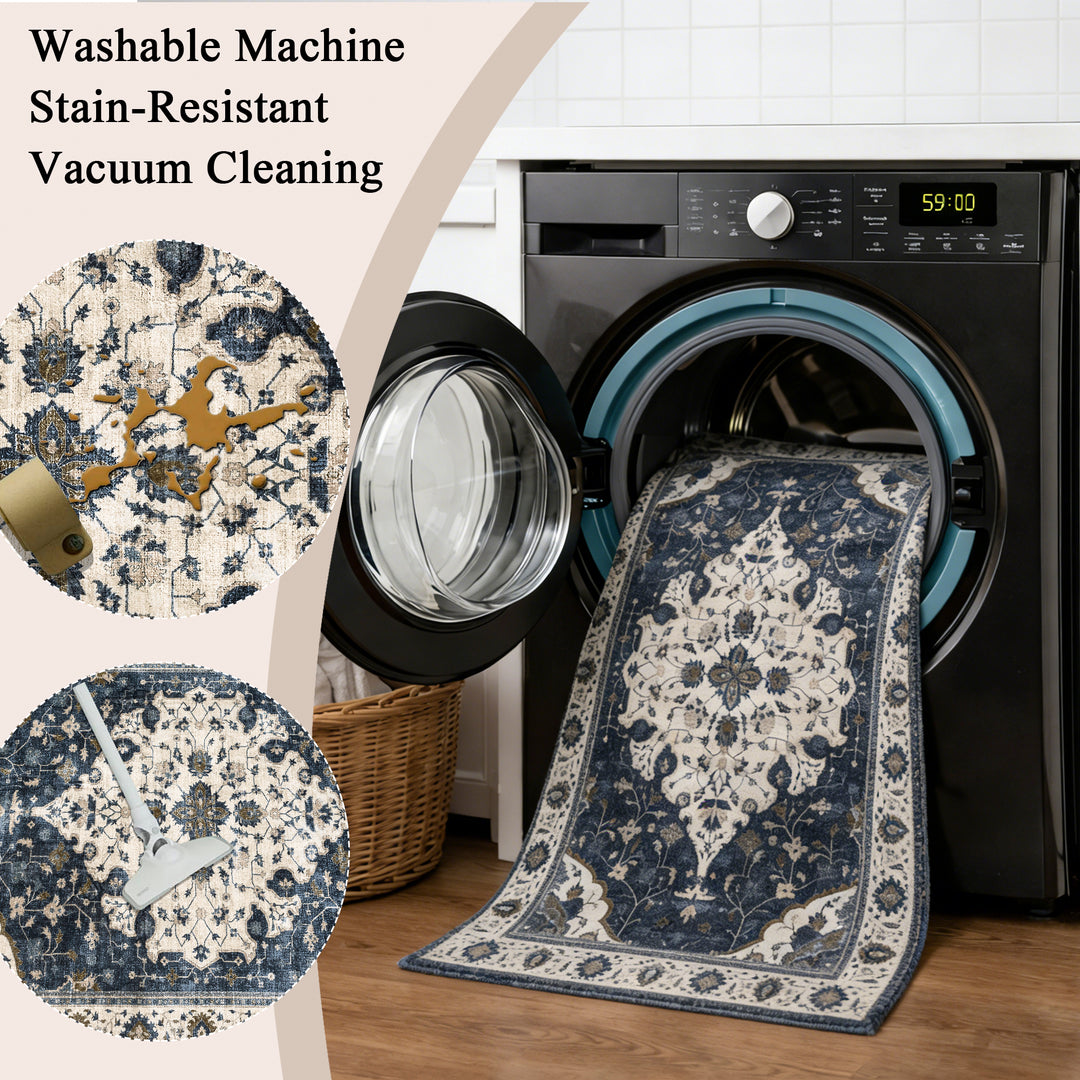YUIlili Vintage Oriental Area Rug Navy Blue Beige Gold Soft Non-Slip Machine Washable Carpet for Living Room, Bedroom, Hallway Runner Indoor Rugs #AZJL160