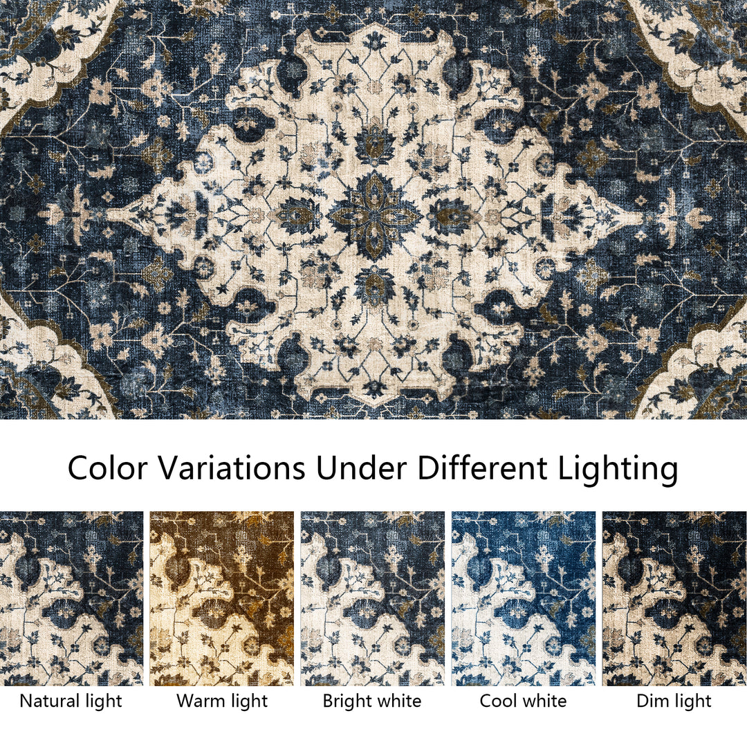 YUIlili Vintage Oriental Area Rug Navy Blue Beige Gold Soft Non-Slip Machine Washable Carpet for Living Room, Bedroom, Hallway Runner Indoor Rugs #AZJL160