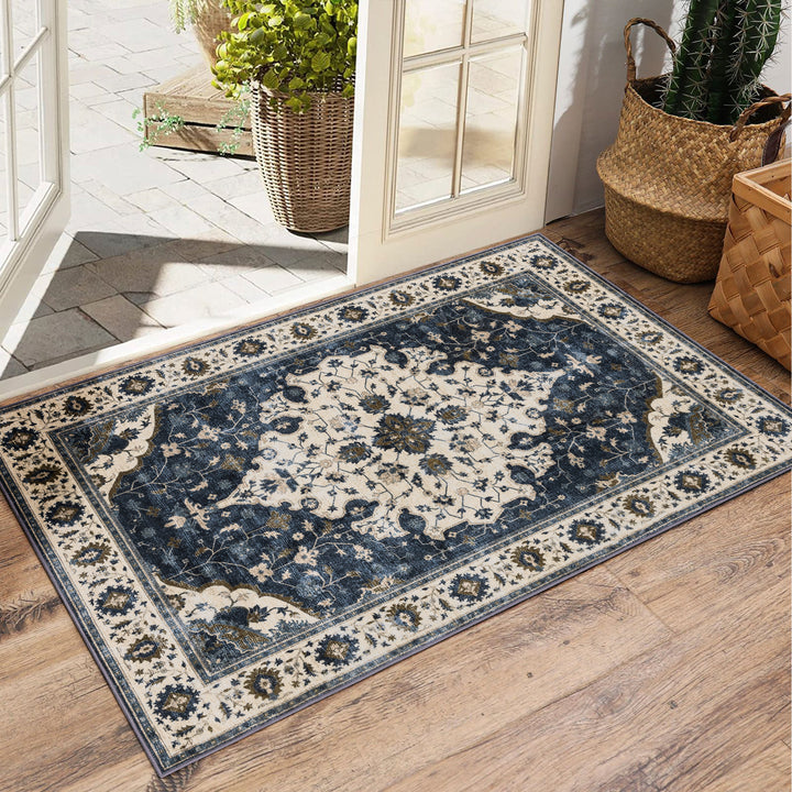 YUIlili Vintage Oriental Area Rug Navy Blue Beige Gold Soft Non-Slip Machine Washable Carpet for Living Room, Bedroom, Hallway Runner Indoor Rugs #AZJL160