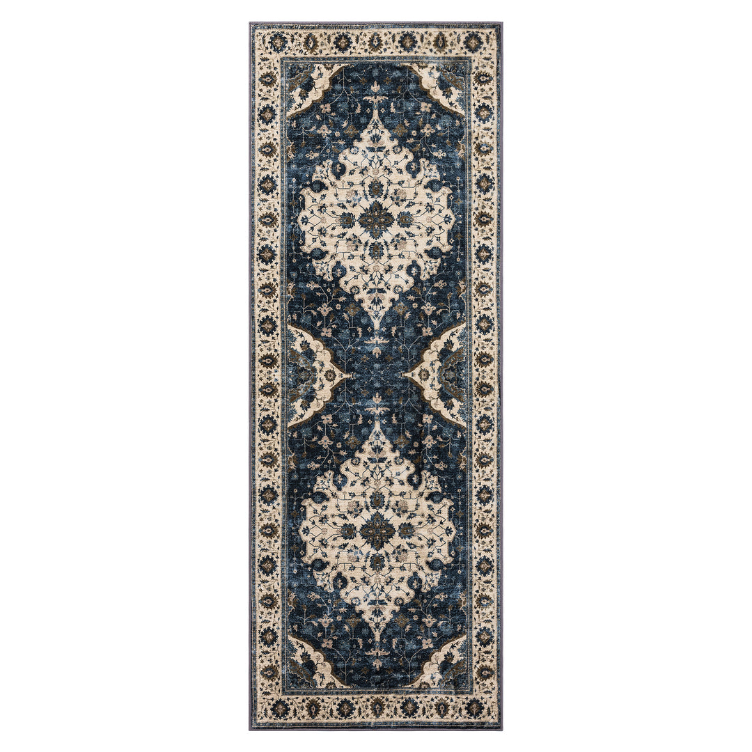 YUIlili Vintage Oriental Area Rug Navy Blue Beige Gold Soft Non-Slip Machine Washable Carpet for Living Room, Bedroom, Hallway Runner Indoor Rugs #AZJL160
