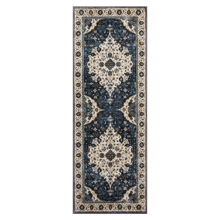 YUIlili Vintage Oriental Area Rug Navy Blue Beige Gold Soft Non-Slip Machine Washable Carpet for Living Room, Bedroom, Hallway Runner Indoor Rugs #AZJL160