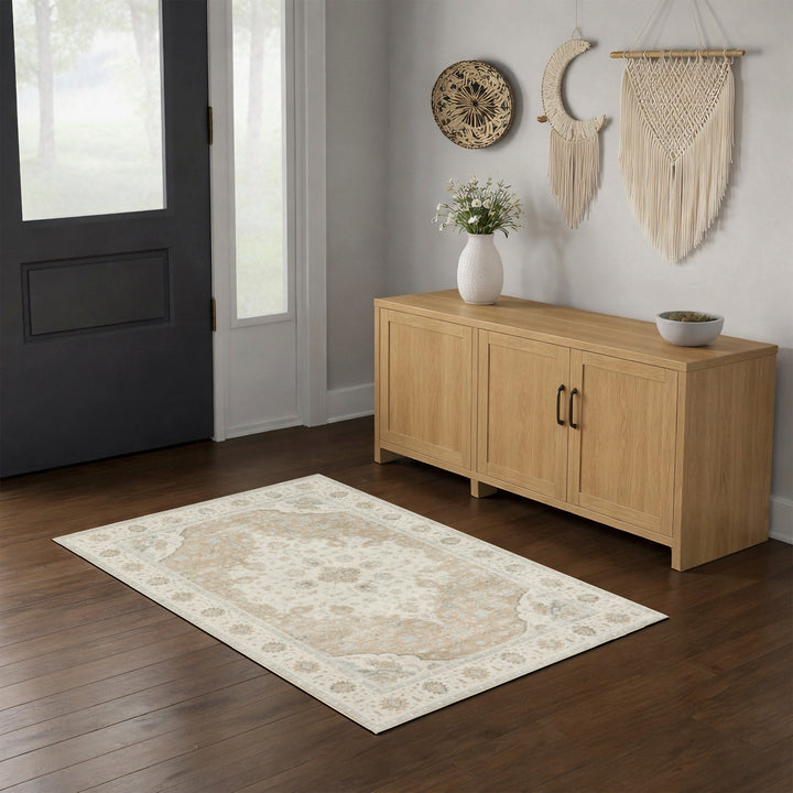 YUIlili Vintage Oriental Area Rug Navy Blue Beige Gold Soft Non-Slip Machine Washable Carpet for Living Room, Bedroom, Hallway Runner Indoor Rugs #AZJL160