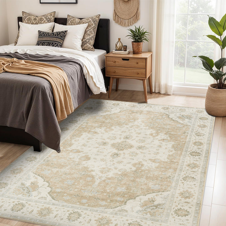 YUIlili Vintage Oriental Area Rug Navy Blue Beige Gold Soft Non-Slip Machine Washable Carpet for Living Room, Bedroom, Hallway Runner Indoor Rugs #AZJL160