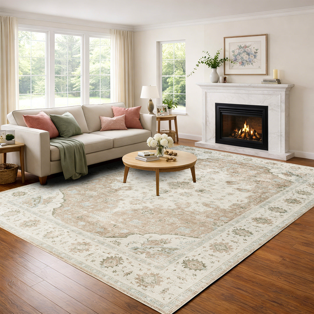 YUIlili Vintage Oriental Area Rug Navy Blue Beige Gold Soft Non-Slip Machine Washable Carpet for Living Room, Bedroom, Hallway Runner Indoor Rugs #AZJL160