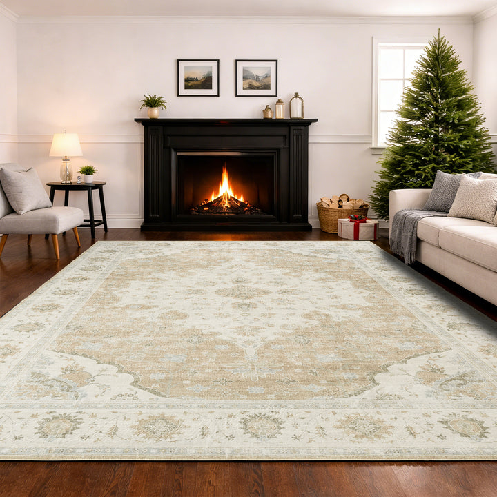YUIlili Vintage Oriental Area Rug Navy Blue Beige Gold Soft Non-Slip Machine Washable Carpet for Living Room, Bedroom, Hallway Runner Indoor Rugs #AZJL160