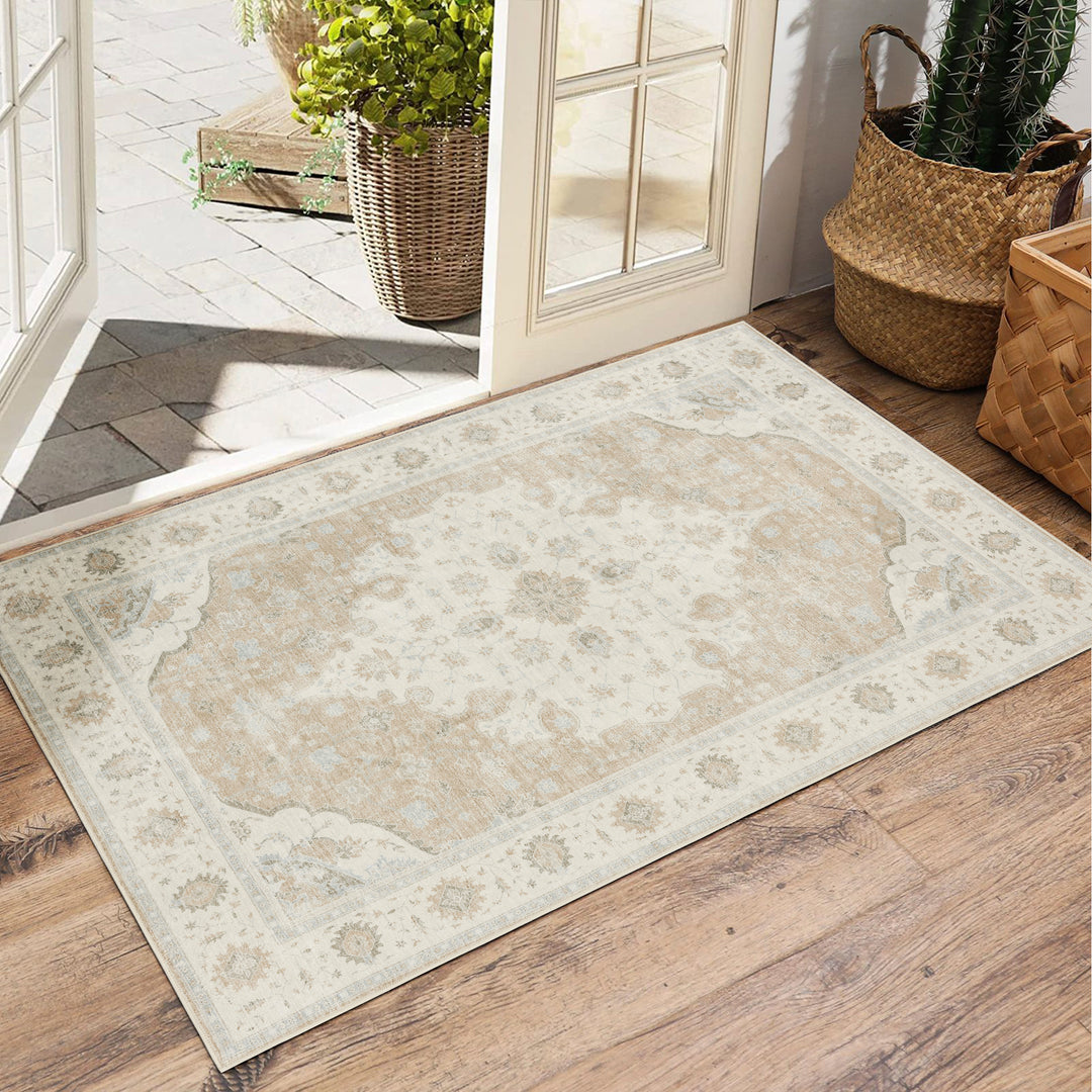 YUIlili Vintage Oriental Area Rug Navy Blue Beige Gold Soft Non-Slip Machine Washable Carpet for Living Room, Bedroom, Hallway Runner Indoor Rugs #AZJL160