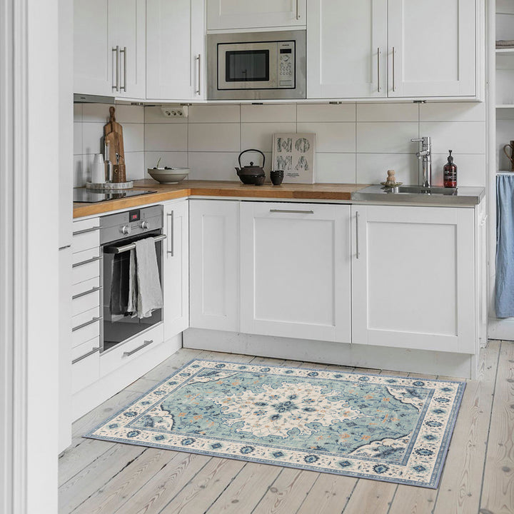YUIlili Vintage Oriental Area Rug Navy Blue Beige Gold Soft Non-Slip Machine Washable Carpet for Living Room, Bedroom, Hallway Runner Indoor Rugs #AZJL160