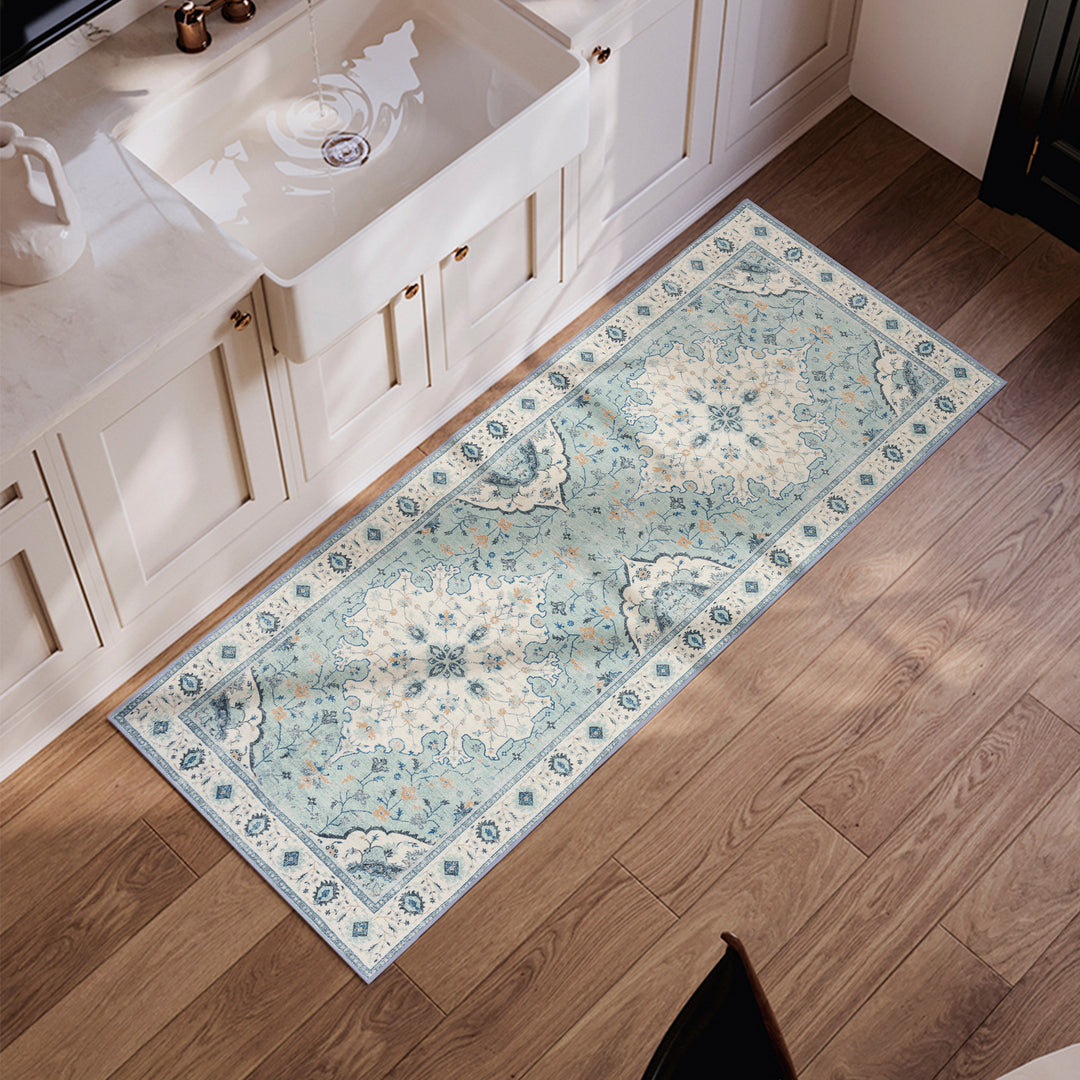 YUIlili Vintage Oriental Area Rug Navy Blue Beige Gold Soft Non-Slip Machine Washable Carpet for Living Room, Bedroom, Hallway Runner Indoor Rugs #AZJL160