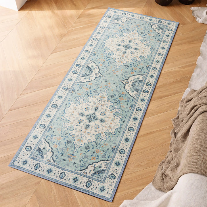 YUIlili Vintage Oriental Area Rug Navy Blue Beige Gold Soft Non-Slip Machine Washable Carpet for Living Room, Bedroom, Hallway Runner Indoor Rugs #AZJL160