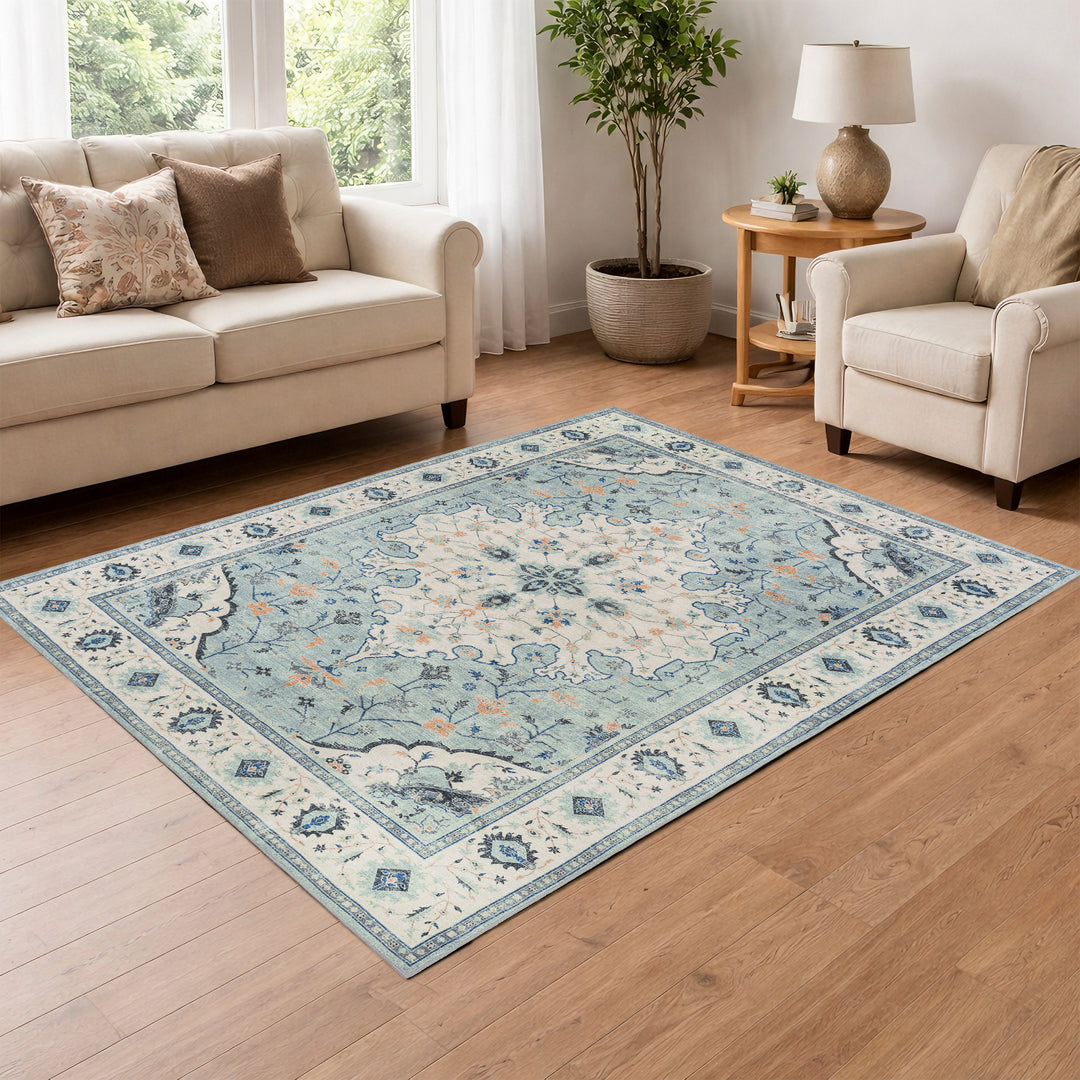 YUIlili Vintage Oriental Area Rug Navy Blue Beige Gold Soft Non-Slip Machine Washable Carpet for Living Room, Bedroom, Hallway Runner Indoor Rugs #AZJL160