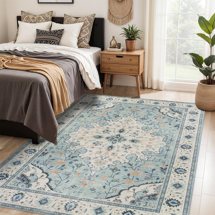 YUIlili Vintage Oriental Area Rug Navy Blue Beige Gold Soft Non-Slip Machine Washable Carpet for Living Room, Bedroom, Hallway Runner Indoor Rugs #AZJL160