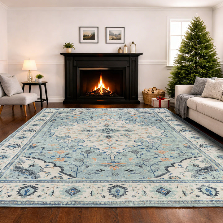 YUIlili Vintage Oriental Area Rug Navy Blue Beige Gold Soft Non-Slip Machine Washable Carpet for Living Room, Bedroom, Hallway Runner Indoor Rugs #AZJL160