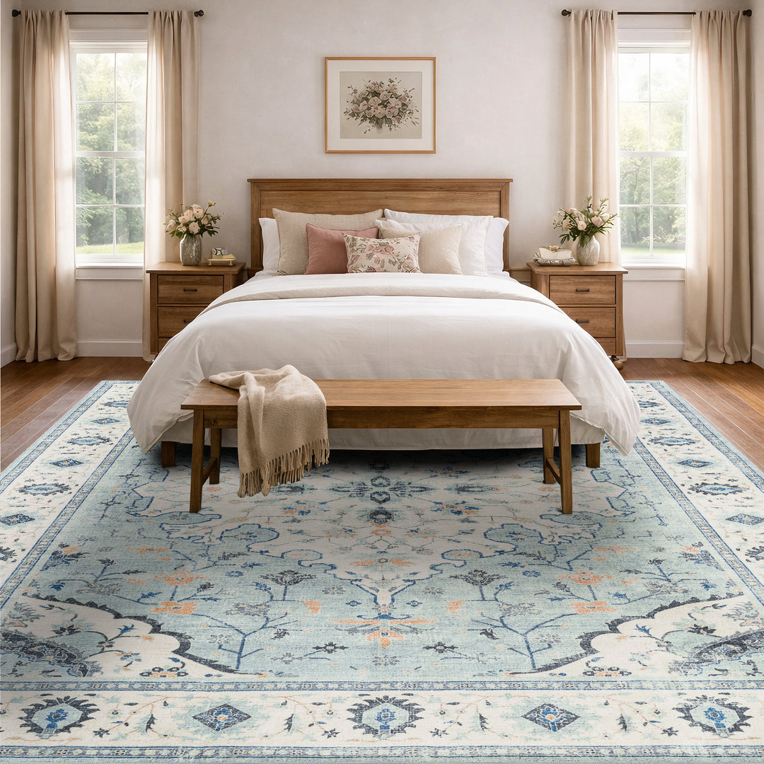 YUIlili Vintage Oriental Area Rug Navy Blue Beige Gold Soft Non-Slip Machine Washable Carpet for Living Room, Bedroom, Hallway Runner Indoor Rugs #AZJL160