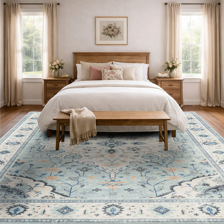YUIlili Vintage Oriental Area Rug Navy Blue Beige Gold Soft Non-Slip Machine Washable Carpet for Living Room, Bedroom, Hallway Runner Indoor Rugs #AZJL160