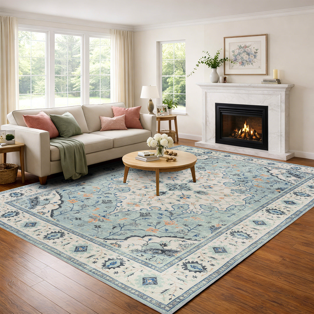 YUIlili Vintage Oriental Area Rug Navy Blue Beige Gold Soft Non-Slip Machine Washable Carpet for Living Room, Bedroom, Hallway Runner Indoor Rugs #AZJL160