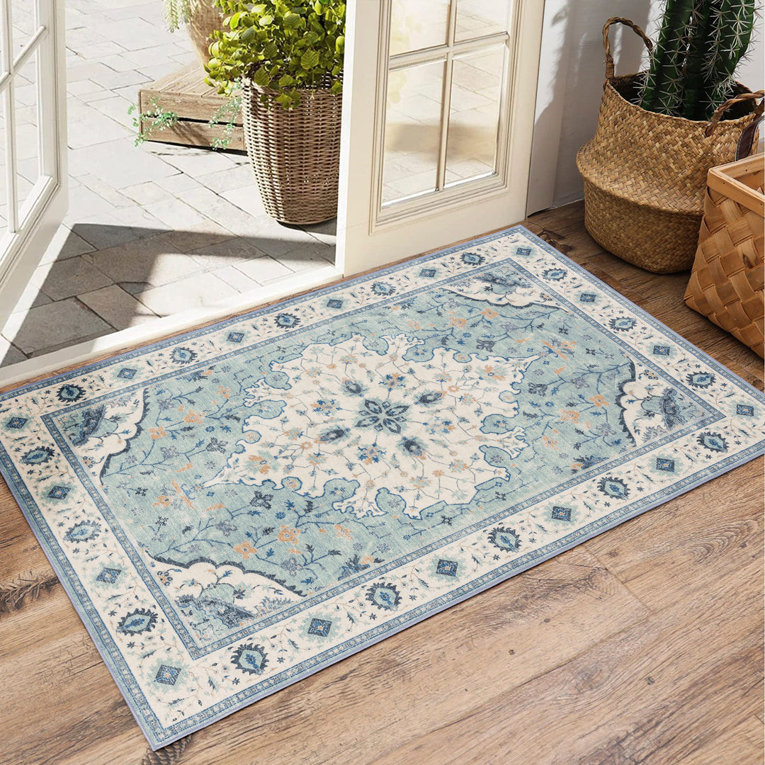YUIlili Vintage Oriental Area Rug Navy Blue Beige Gold Soft Non-Slip Machine Washable Carpet for Living Room, Bedroom, Hallway Runner Indoor Rugs #AZJL160