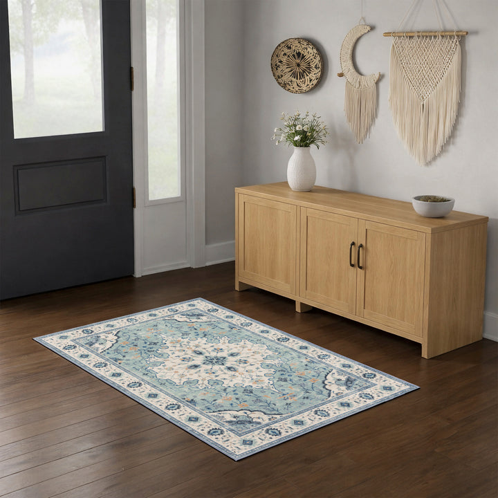 YUIlili Vintage Oriental Area Rug Navy Blue Beige Gold Soft Non-Slip Machine Washable Carpet for Living Room, Bedroom, Hallway Runner Indoor Rugs #AZJL160